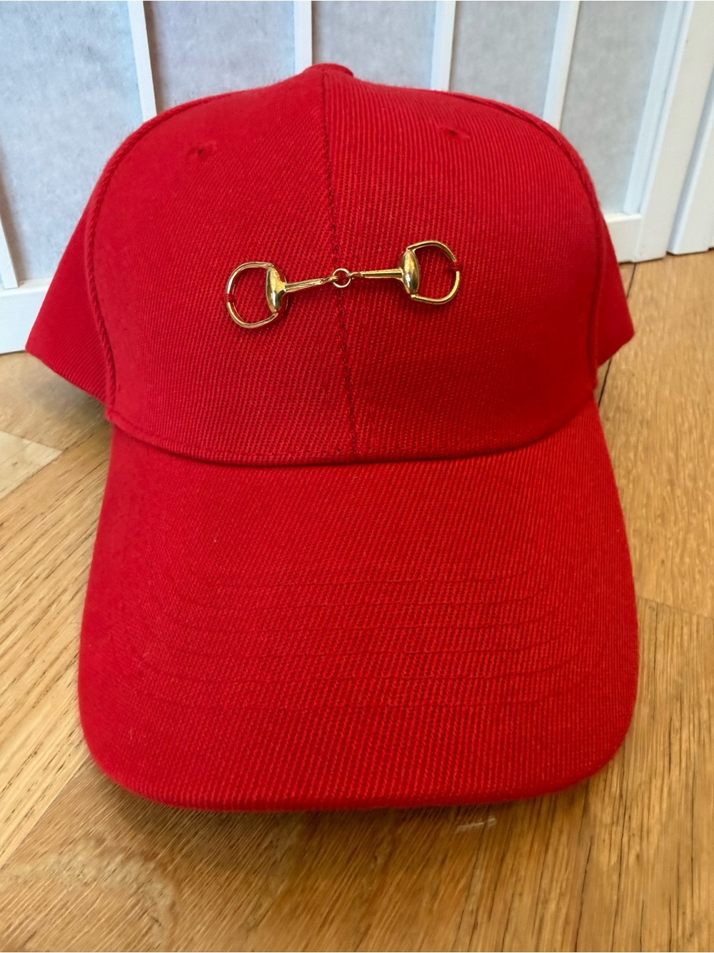 Red Baseball Cap with Gold Horsebit Accent